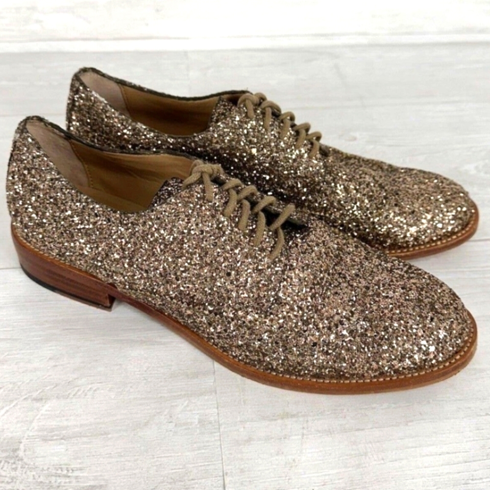Banana Republic Oxford Shoes Women 6. Gold Bronze Shimmer Glitter Brogue Lace Up